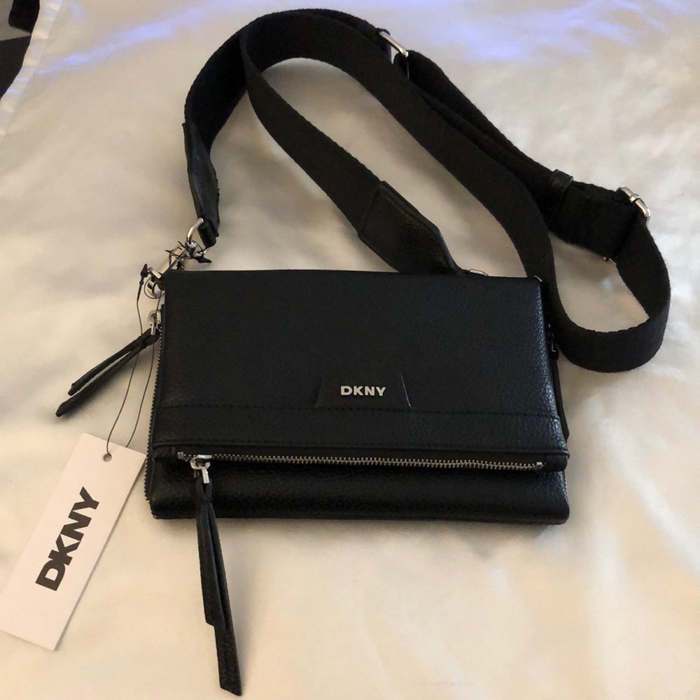 DKNY Nyra Black Pebbled Faux Leather Trifold Crossbody OS NWT